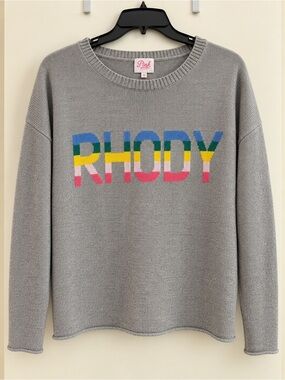 Pink Pineapple  Gray Crewneck Sweater with Multicolor “RHODY”Rhode Island Logo